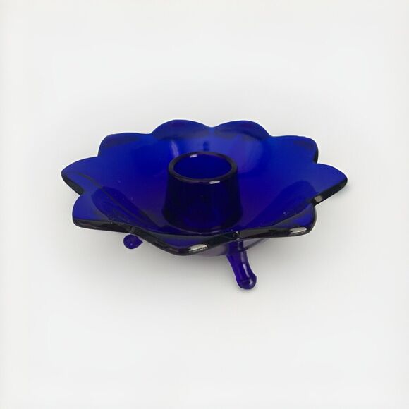 Fenton Cobalt Blue Glass Lotus Candlestick Holder Flower Vintage Home Decor - Picture 2 of 10